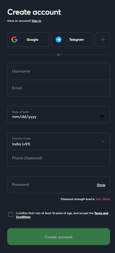 Registration form in the Sportsbet.io mobile app